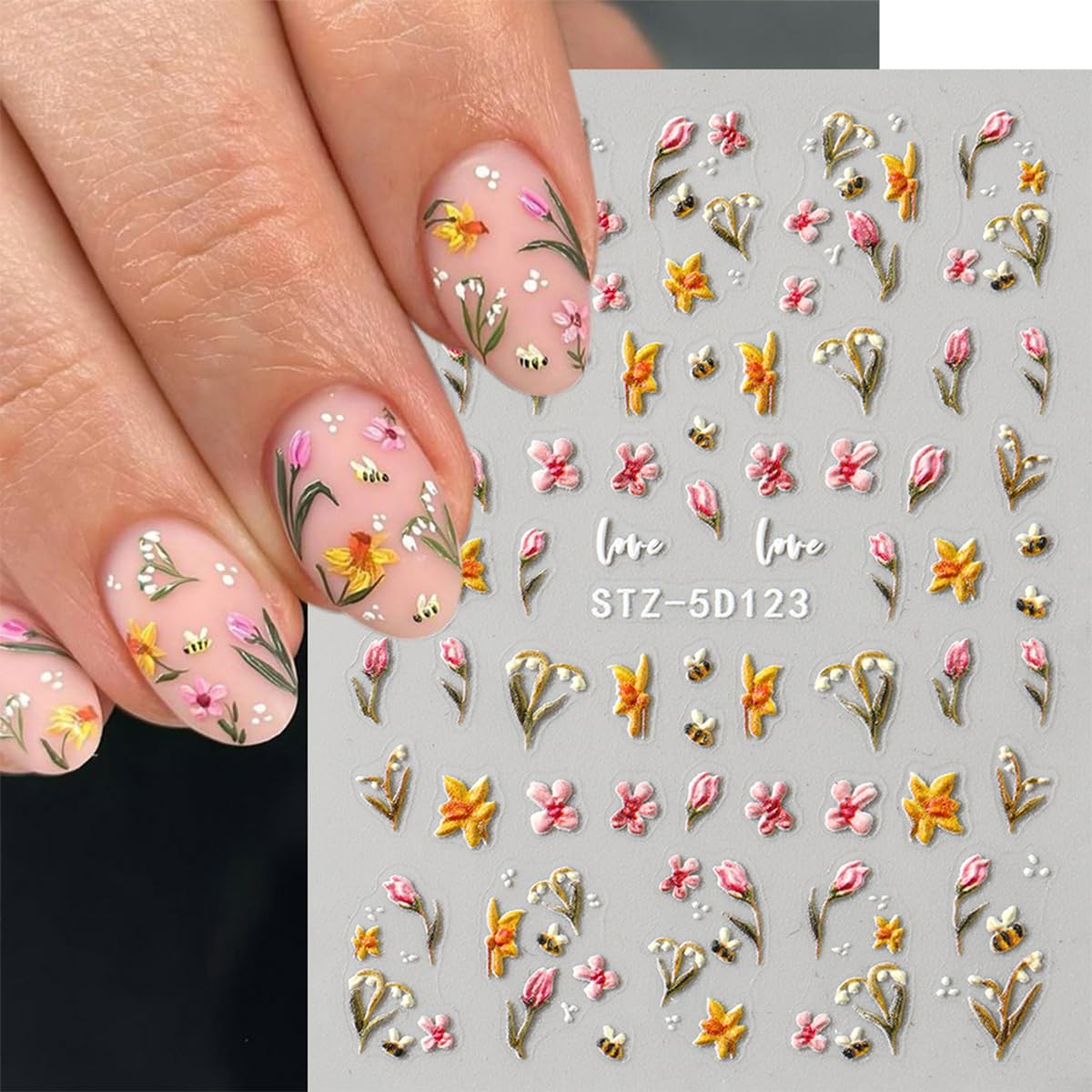 JMEOWIO 3D Flower Fruit Nail Stickers Nail Art Self-Adhesive 5D